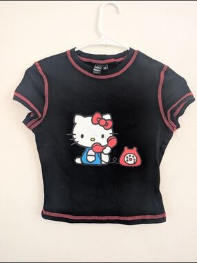 SHEIN Black Tee with Red Trim and Hello Kitty Graphic